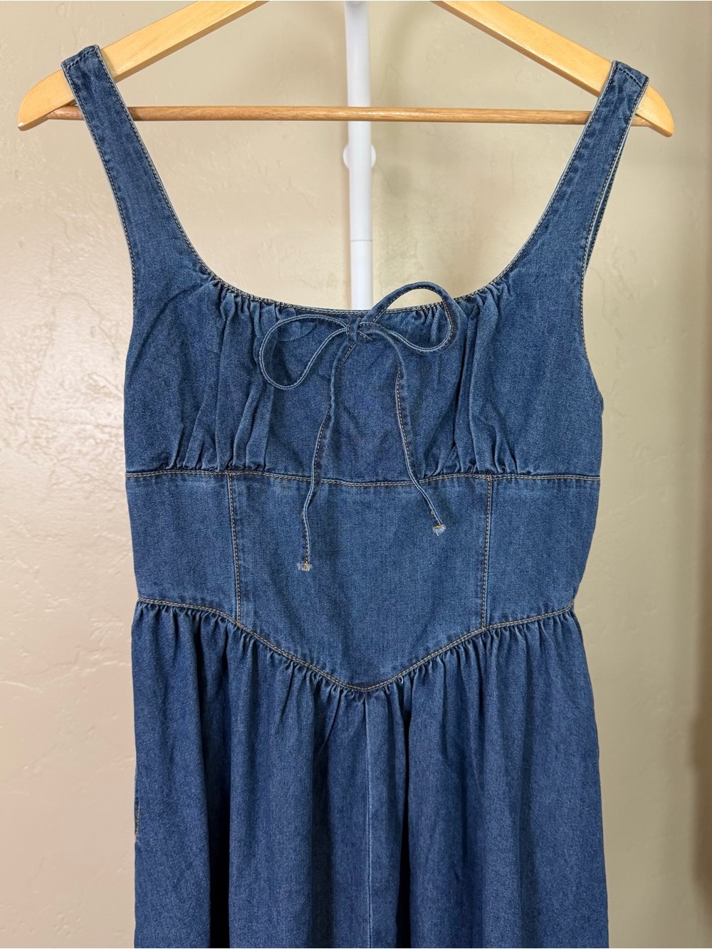 Commense Blue Denim Square Neck Tie Front Cotton Blend Midi Dress Small NWT - Picture 6 of 11